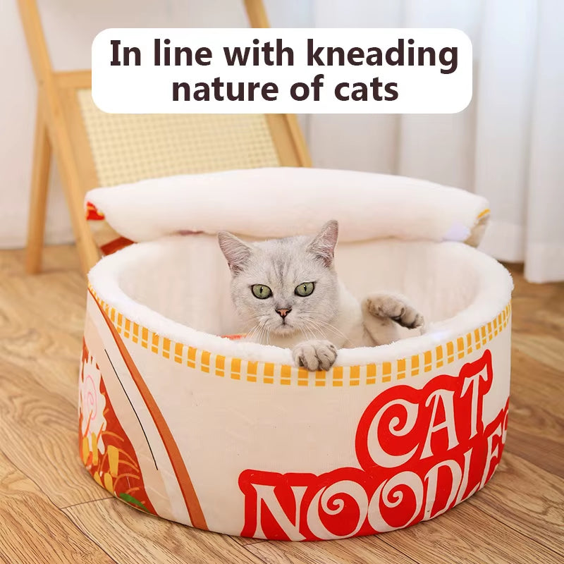 The New Winter Cartoon Ramen Cat Nest Love Warm Cute Semi-Enclosed Cat Bed Can Be Opened and Washed