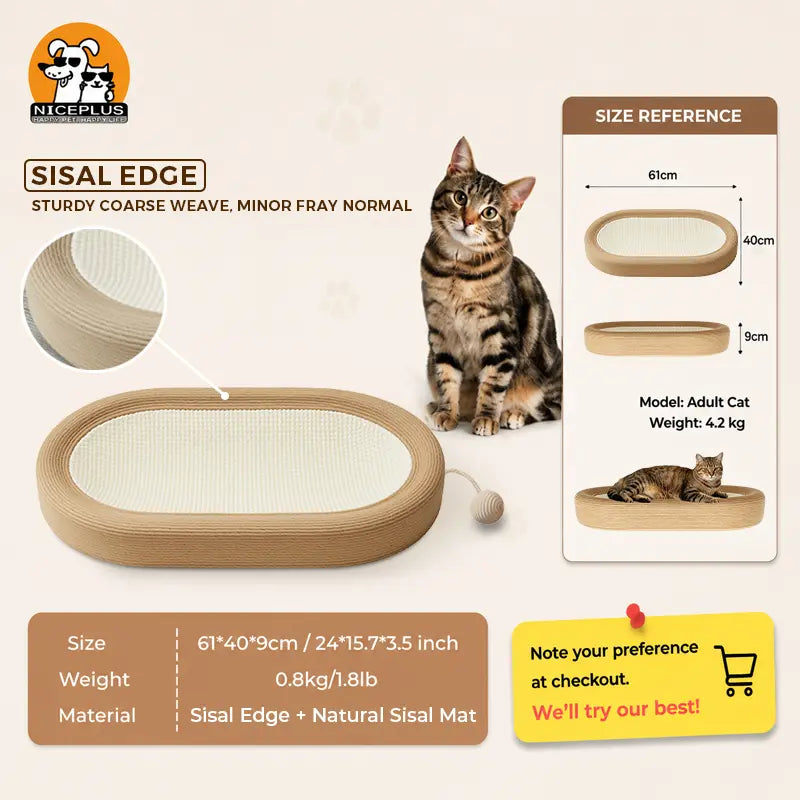 NICEPLUS Pet Sisal Cat Scratcher Cardboard Lounge Bed - Multi-Purpose Dog & Cat Furniture, 24X15X3.5 Inch, Anti-Slip Design, Ideal for Indoor Cats
