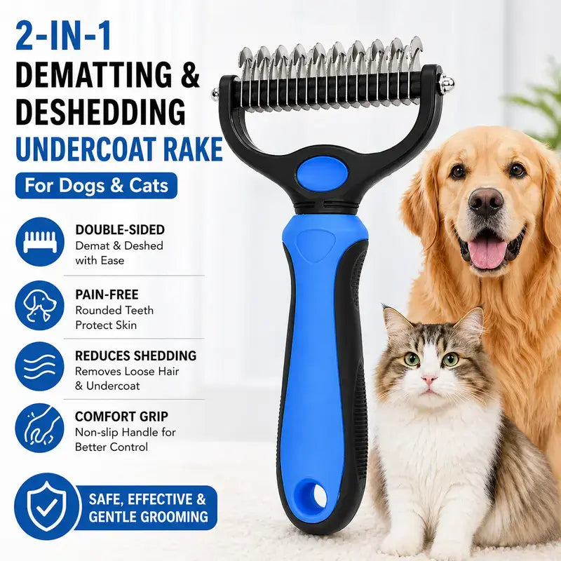 Pet Dematting Undercoat Rake for Long Haired Dogs Cats, Double Sided Deshedding Brush, Pain Free Tangle Remover to Reduce Shedding & Mats, Pet Grooming Tool N2 Comb