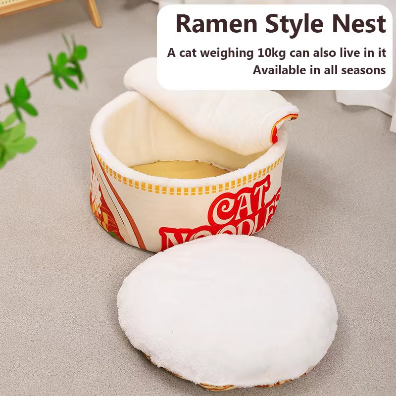 The New Winter Cartoon Ramen Cat Nest Love Warm Cute Semi-Enclosed Cat Bed Can Be Opened and Washed