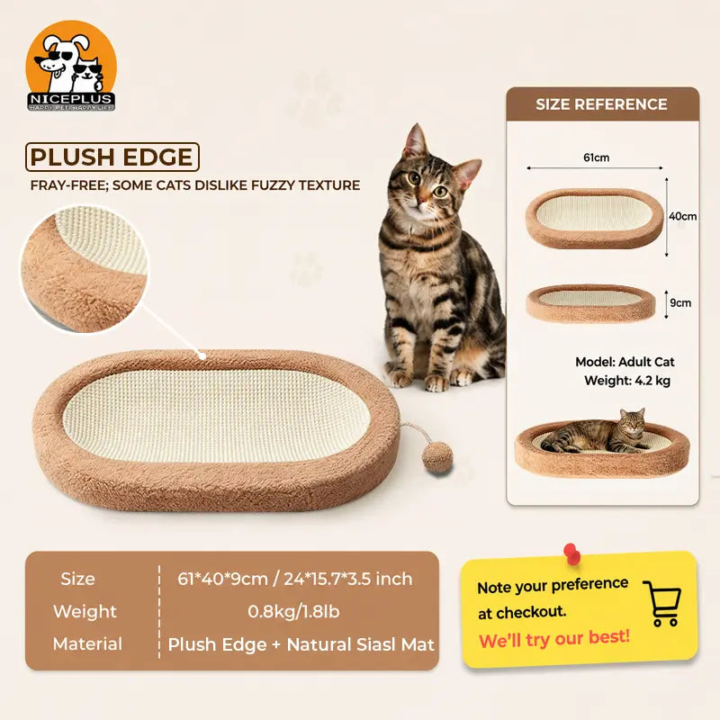 NICEPLUS Pet Sisal Cat Scratcher Cardboard Lounge Bed - Multi-Purpose Dog & Cat Furniture, 24X15X3.5 Inch, Anti-Slip Design, Ideal for Indoor Cats